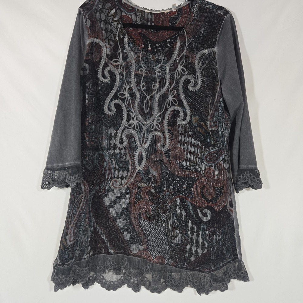 Soft Surroundings Gray Embroidered Tunic | 3/4 Sleeves | Size Women's Medium